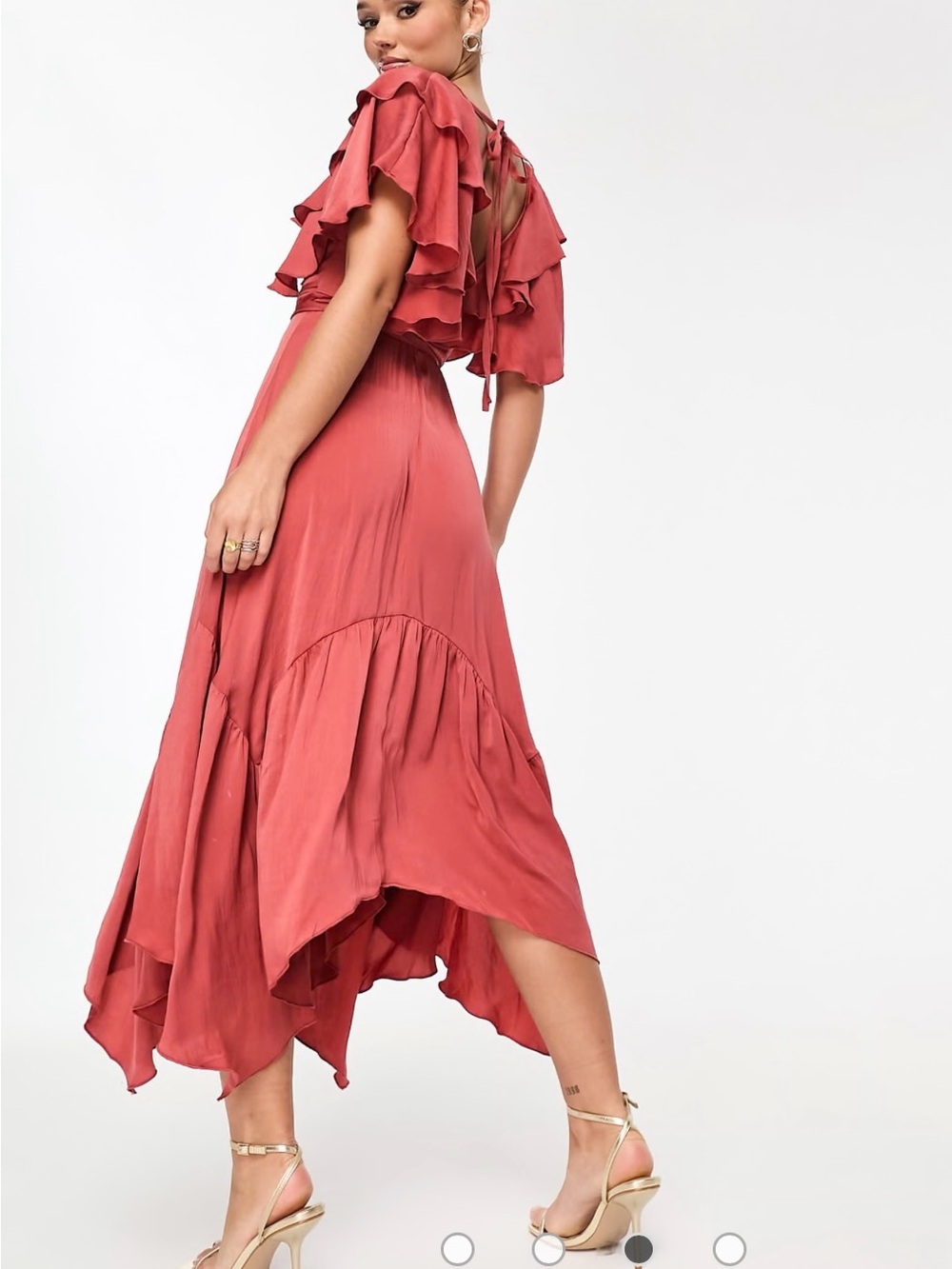 ASOS Ruffled Wrap High-Low Dress in Dusty Rose - Picture 3 of 6
